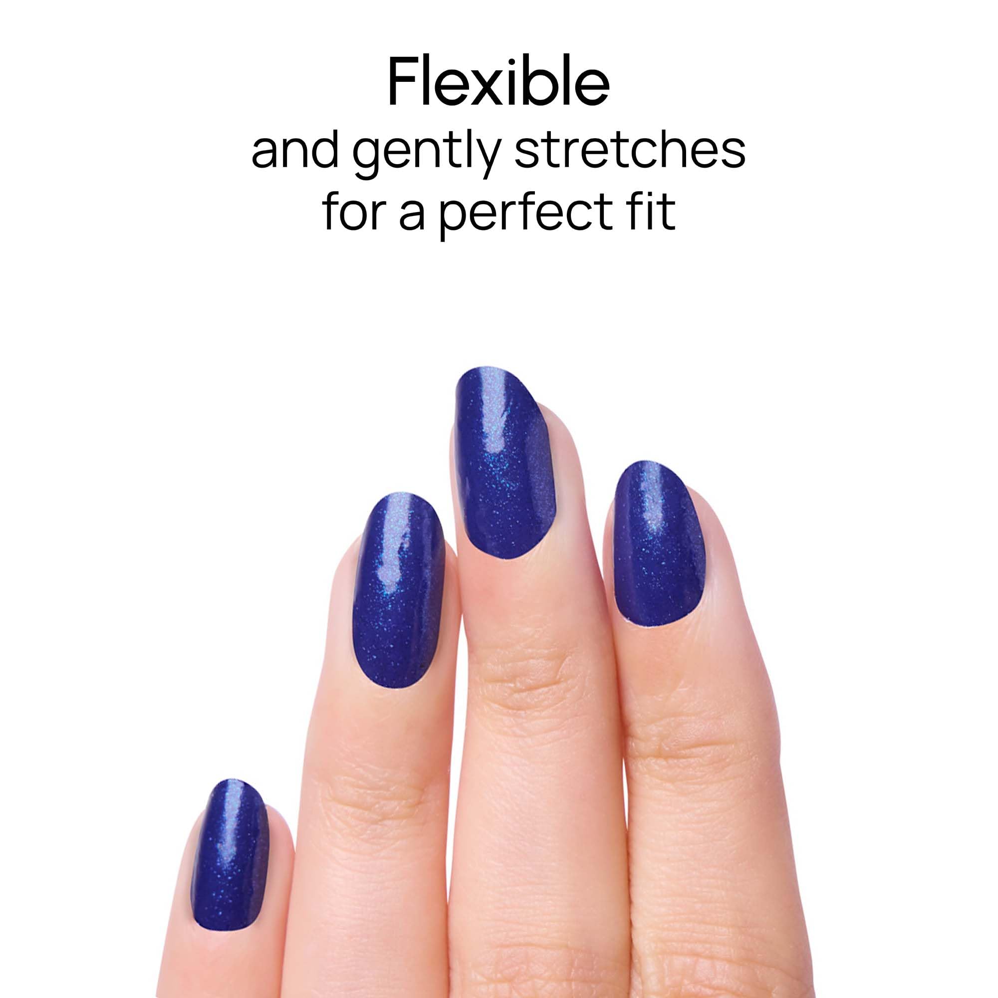 The glossy electric shimmer finish of the deep blue nail strip under studio lighting.