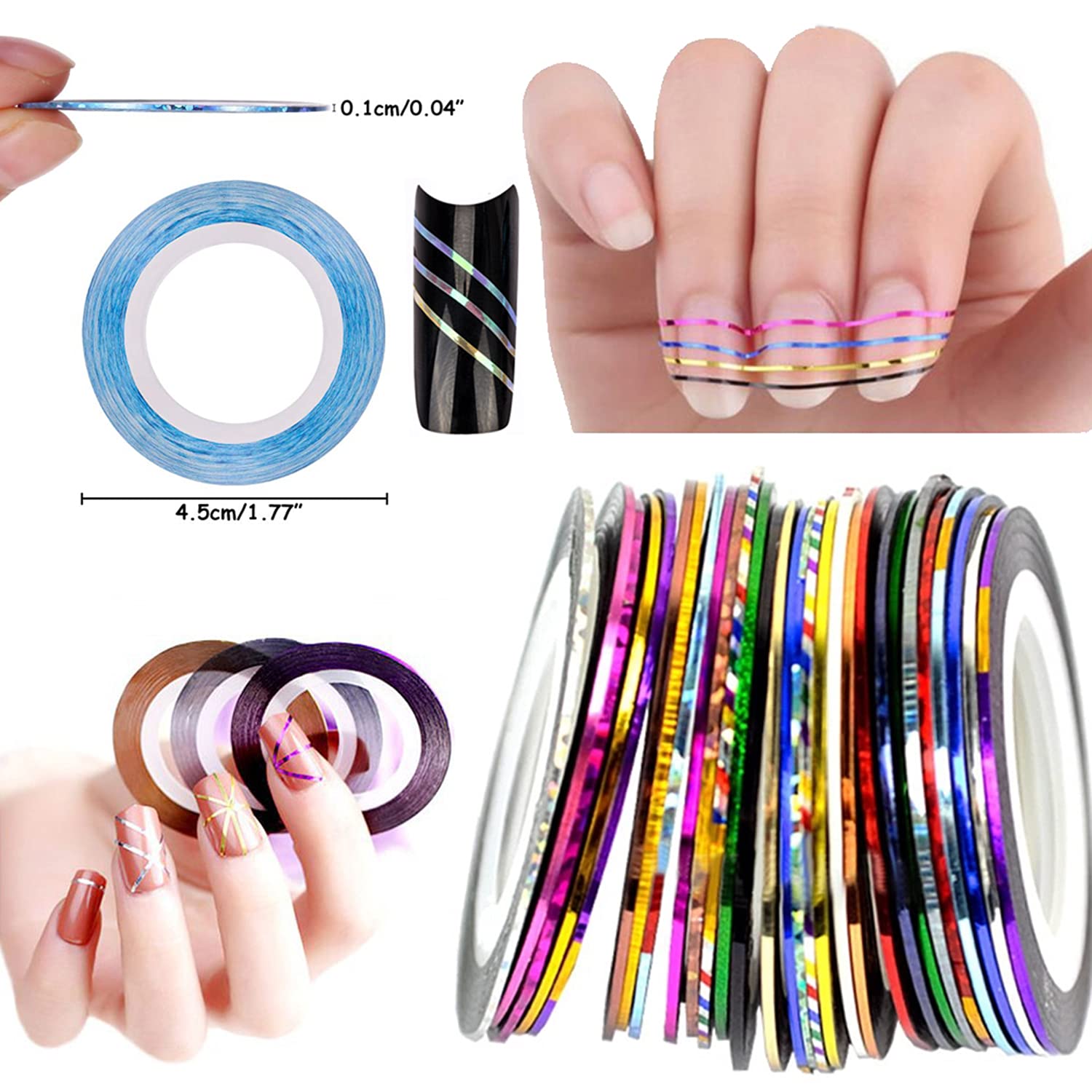 Geometric nail art design created using colorful striping tapes