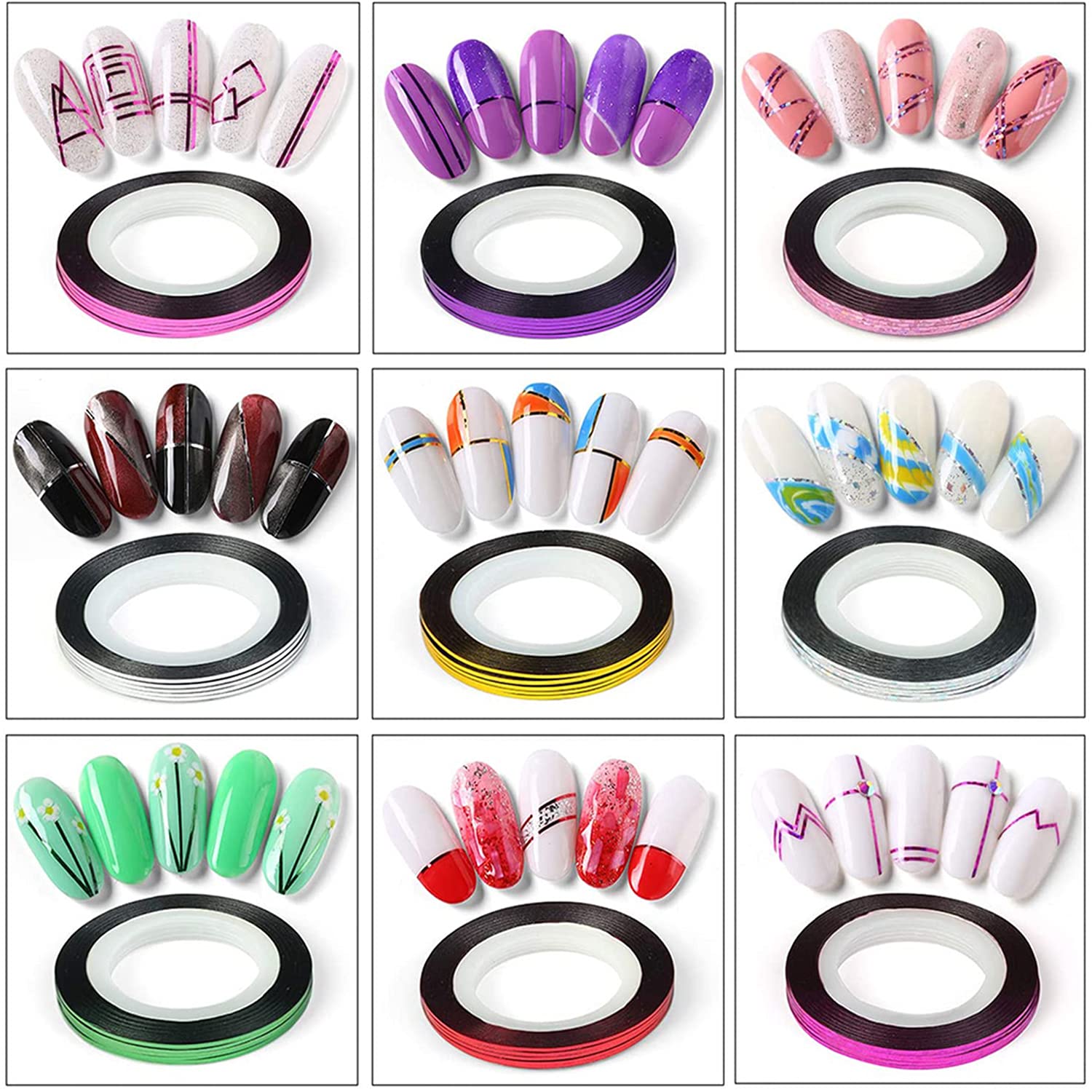 Assorted holographic and solid color nail tape rolls
