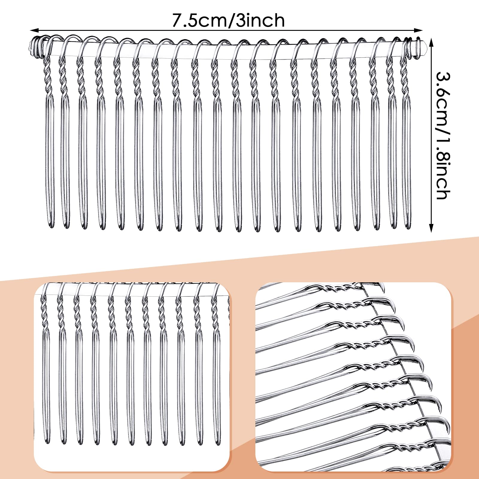 Close up view of silver wire hair combs with 20 teeth