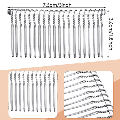 Close up view of silver wire hair combs with 20 teeth