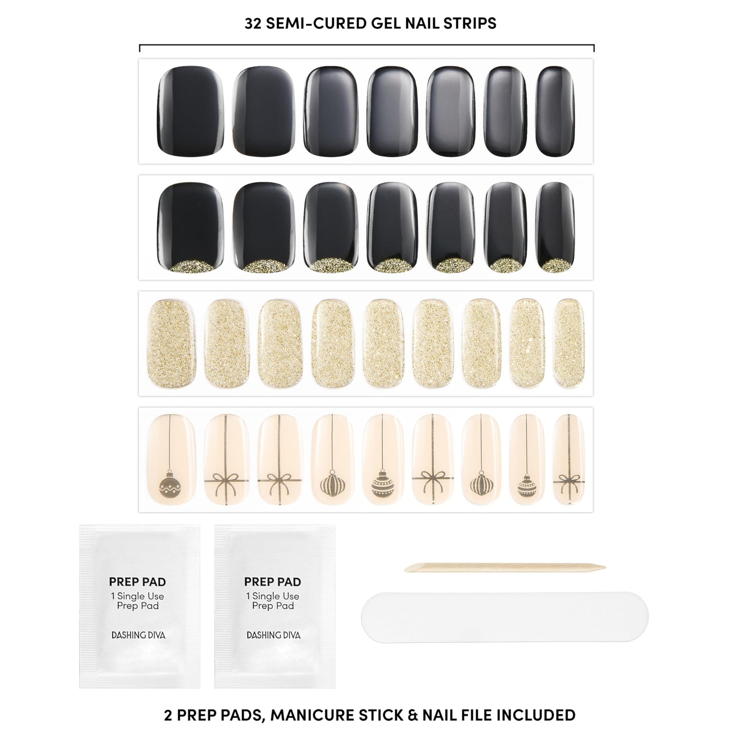 Full contents of the Dashing Diva 4 piece manicure kit including thirty-two strips, prep pads, nail file, and stick.
