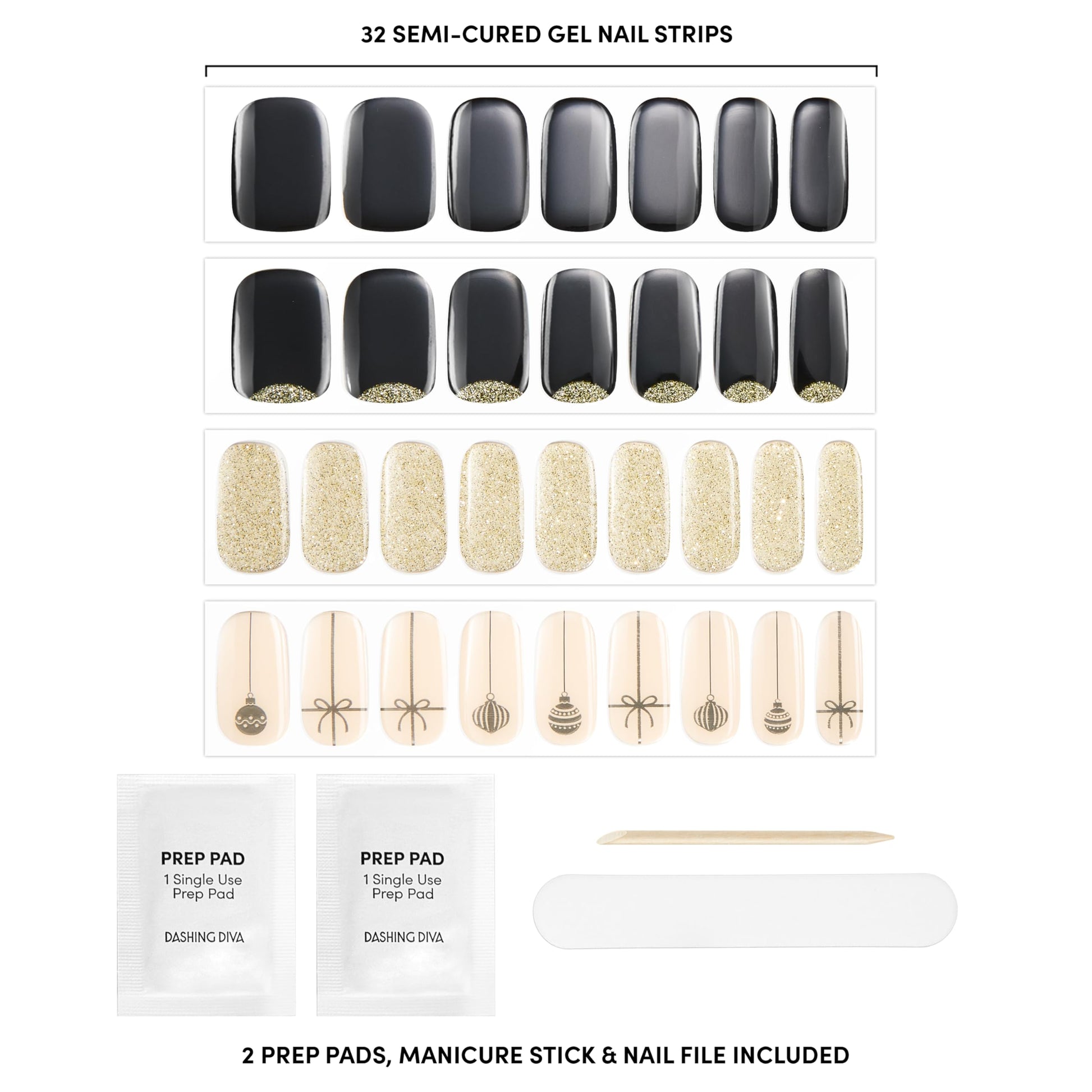 Full contents of the Dashing Diva 4 piece manicure kit including thirty-two strips, prep pads, nail file, and stick.