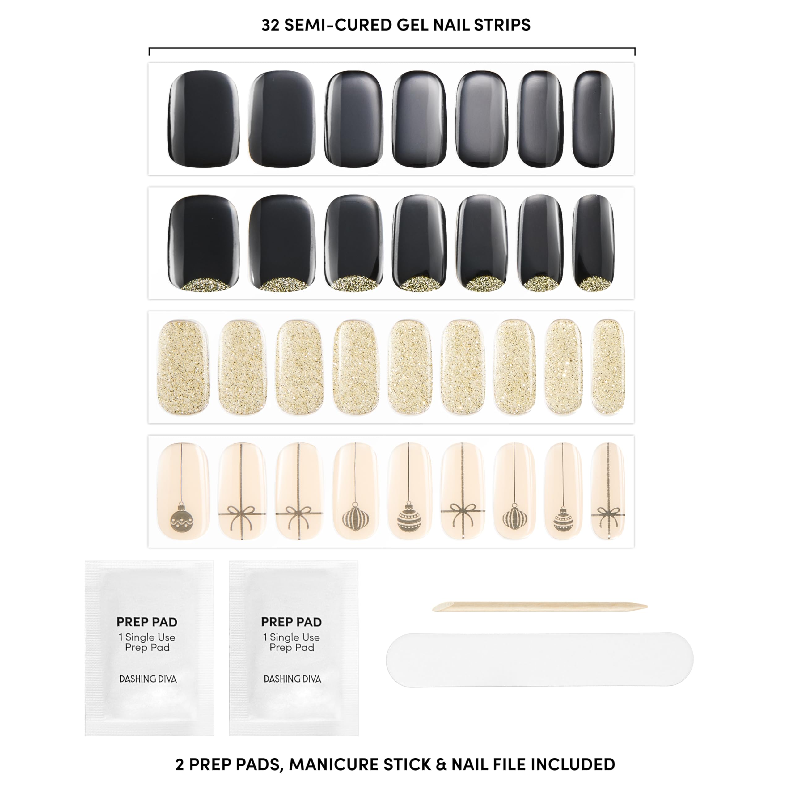 Full contents of the Dashing Diva 4 piece manicure kit including thirty-two strips, prep pads, nail file, and stick.