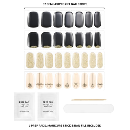 Full contents of the Dashing Diva 4 piece manicure kit including thirty-two strips, prep pads, nail file, and stick.