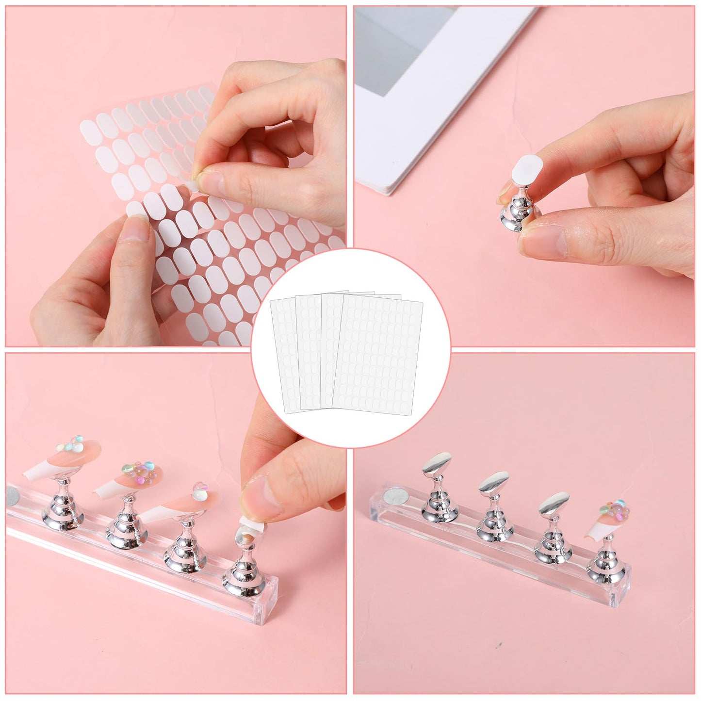 Side angle of clear flexible nail jelly sticker strips on an acrylic sample board