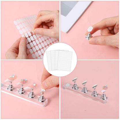 Side angle of clear flexible nail jelly sticker strips on an acrylic sample board
