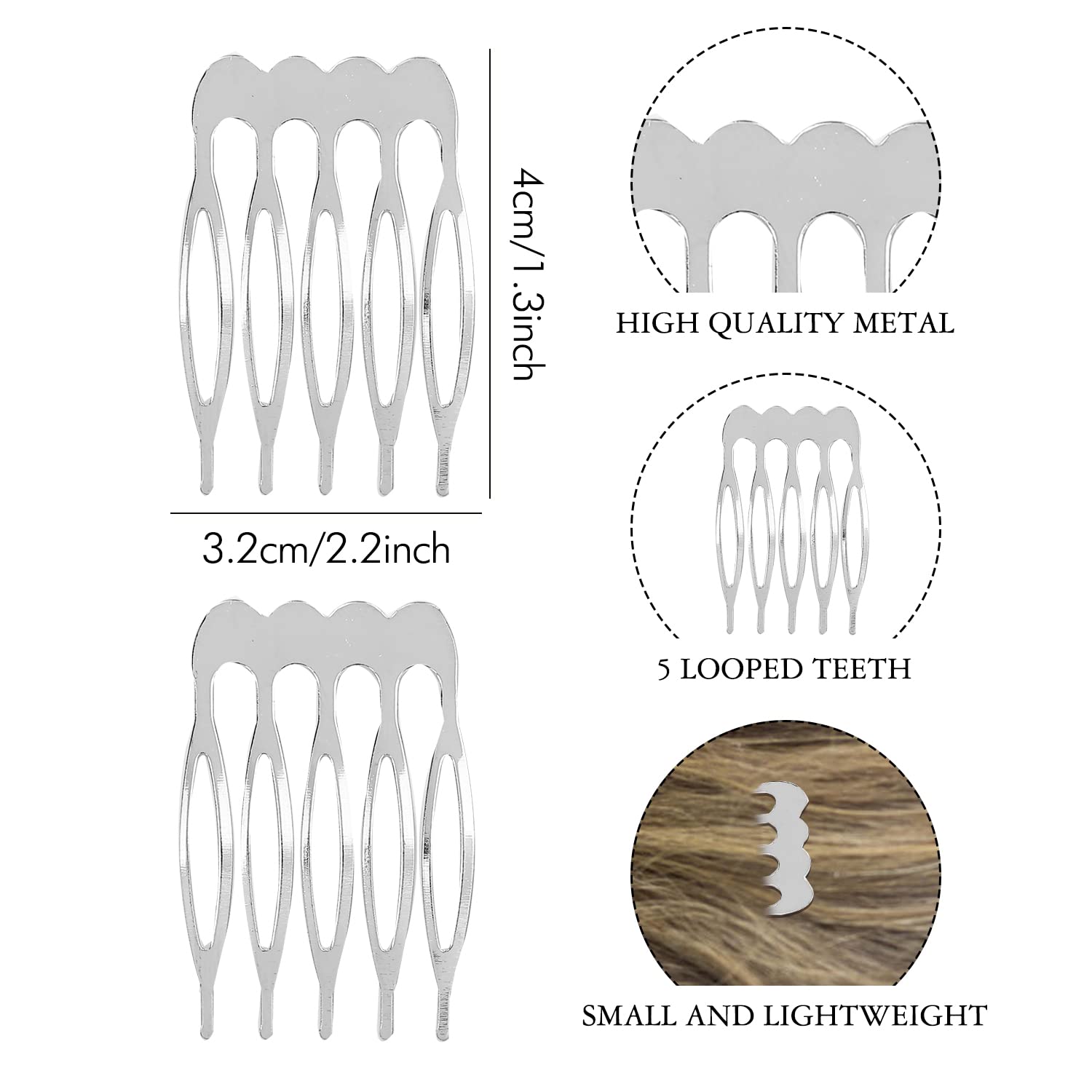 Close up view of the five looped teeth and smooth prongs on Lawie silver hair slide