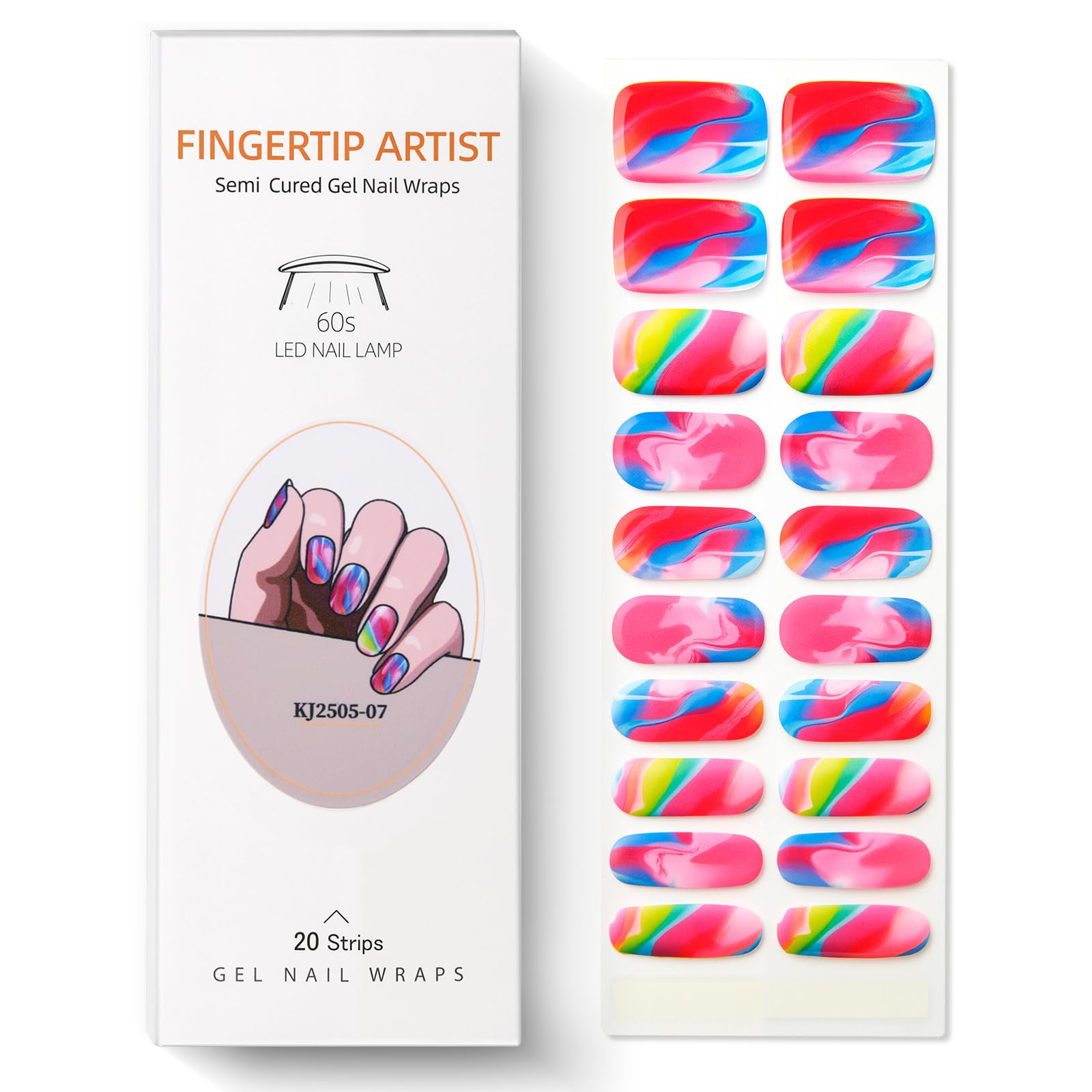 Vibrant swirl pattern semi cured gel nail strips laid out on a clean surface.