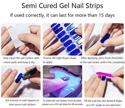 Glossy salon quality finish of gradient colored gel nail wraps after curing.