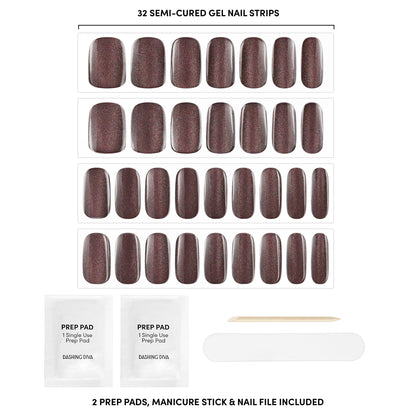 Dashing Diva Glaze Espresso Me dark brown gel nail wraps applied on hands showcasing sculpted salon finish