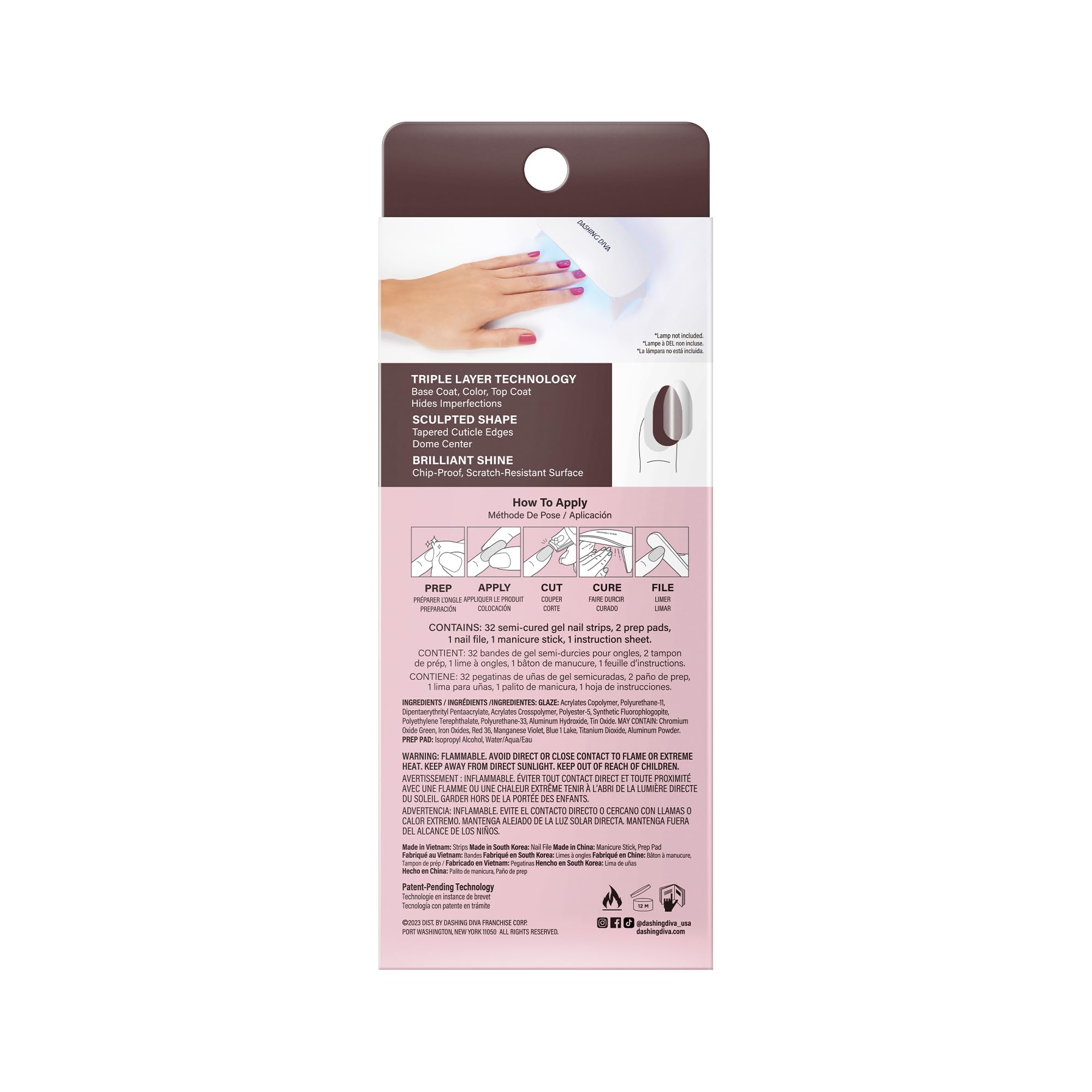 Dashing Diva Glaze manicure kit contents including thirty-four semi-cured strips two prep pads and one nail file