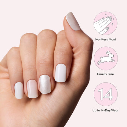 Dashing Diva Glaze premium semi cured gel strips applied showing high gloss minimalist white manicure.