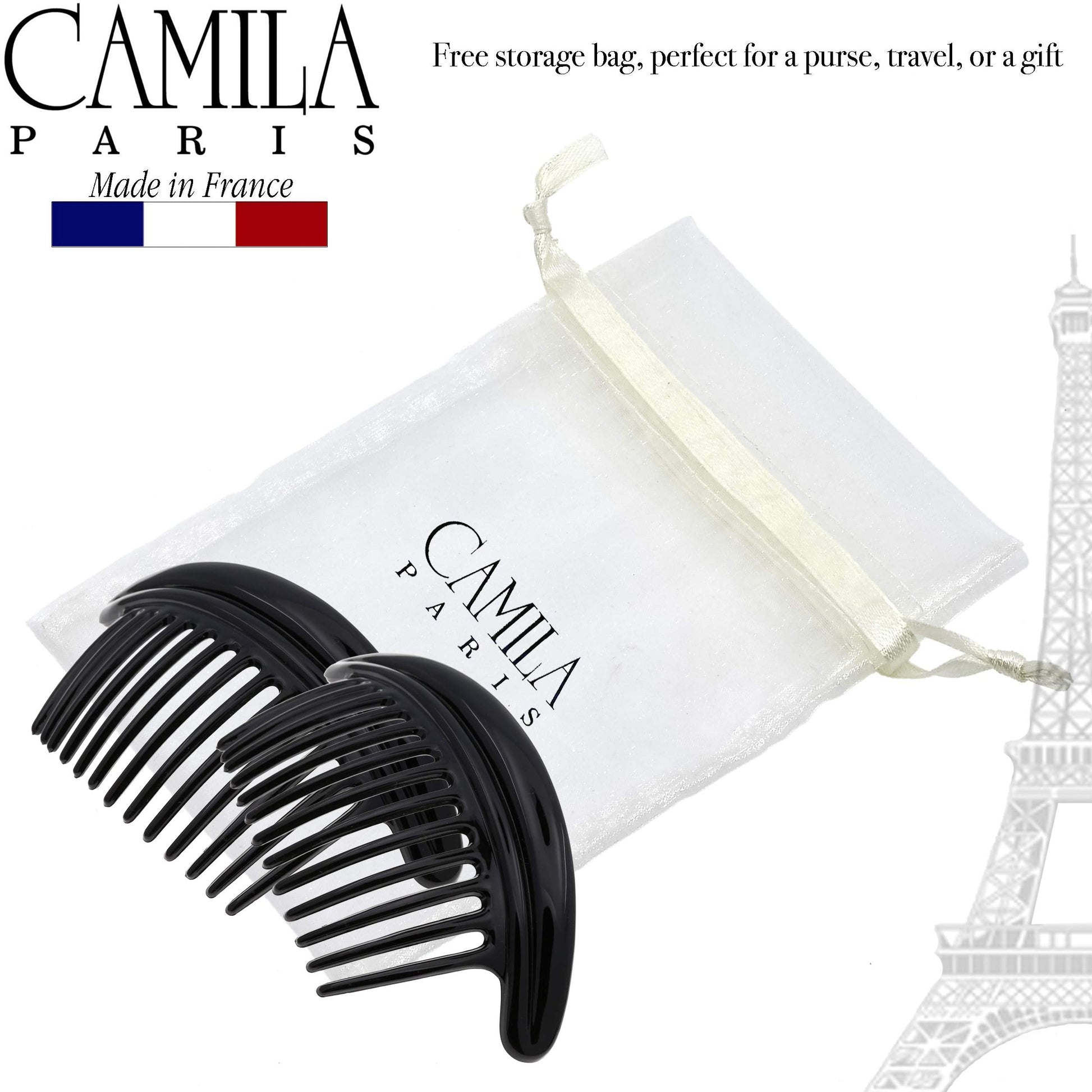 Two Camila Paris black hair combs arranged for display