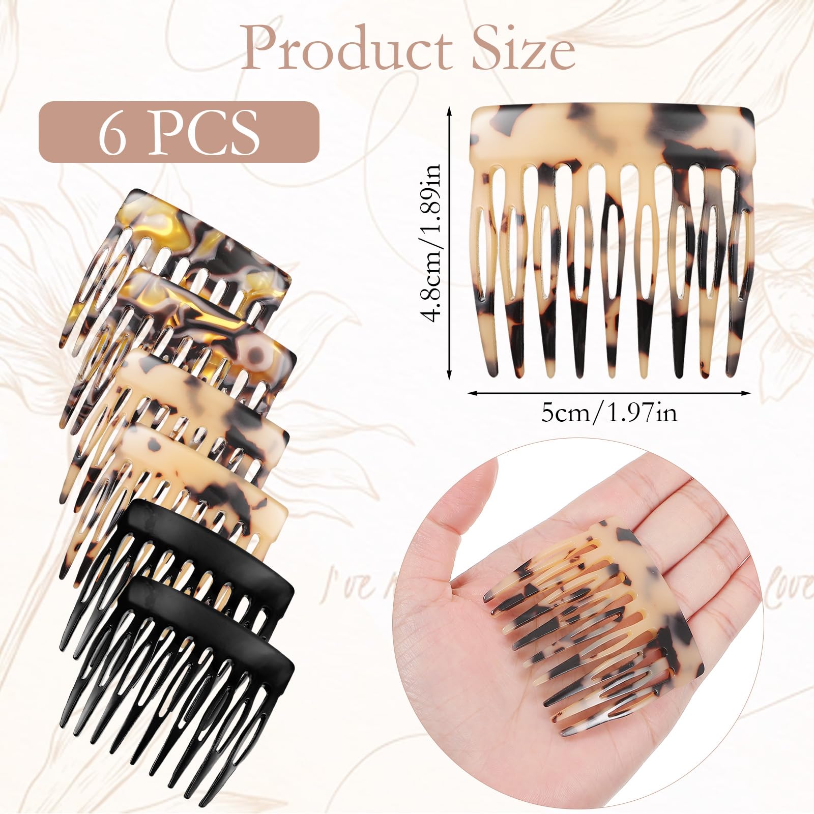 Six piece decorative hair side combs for women in black and brown