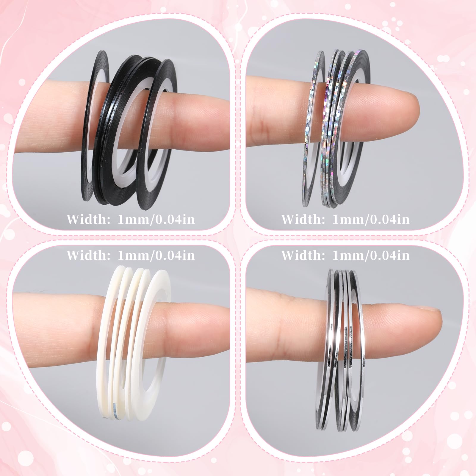 Assorted laser black white and holographic silver nail pinstripe tape decoration rolls