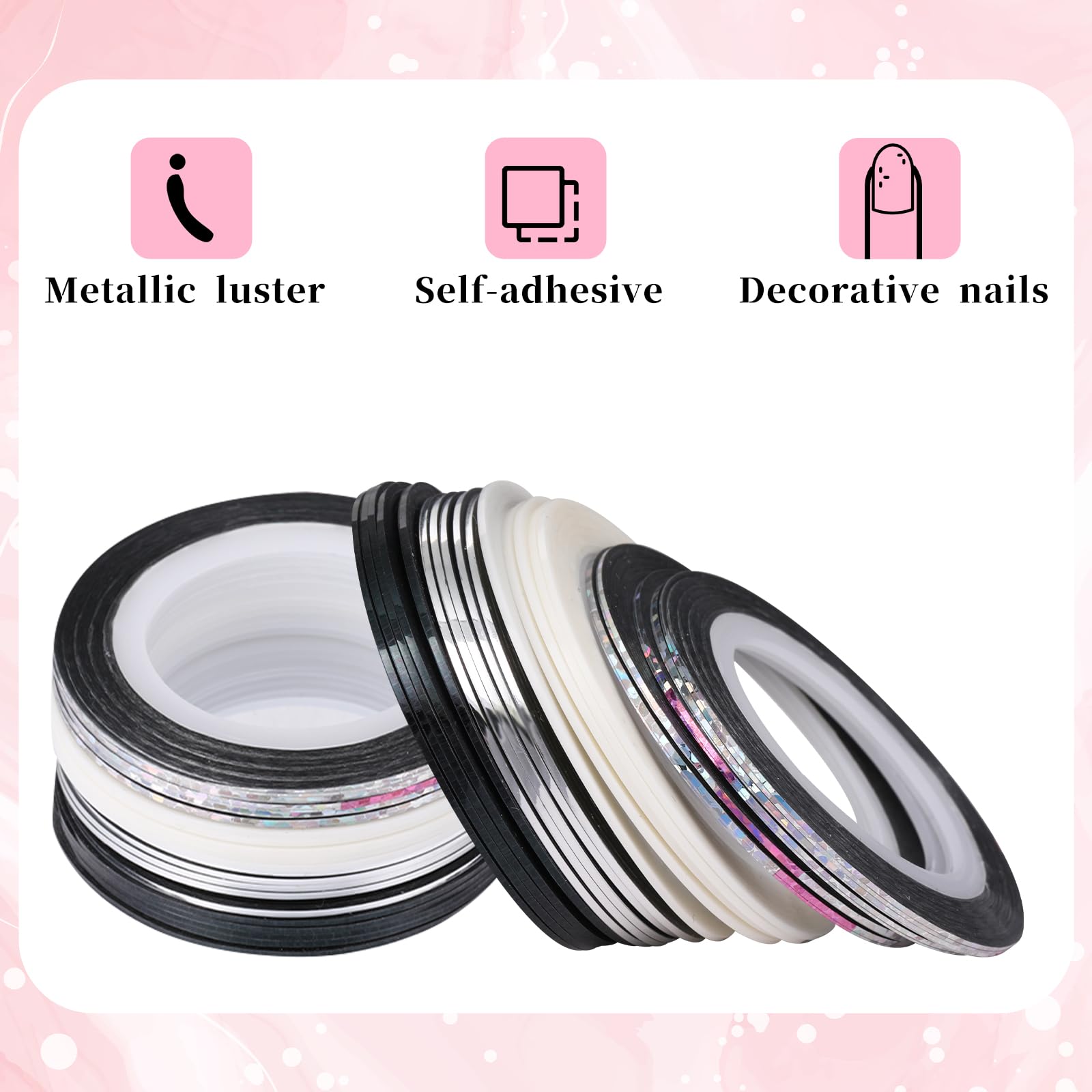 Step by step application of metallic lining tape on a polished gel manicure