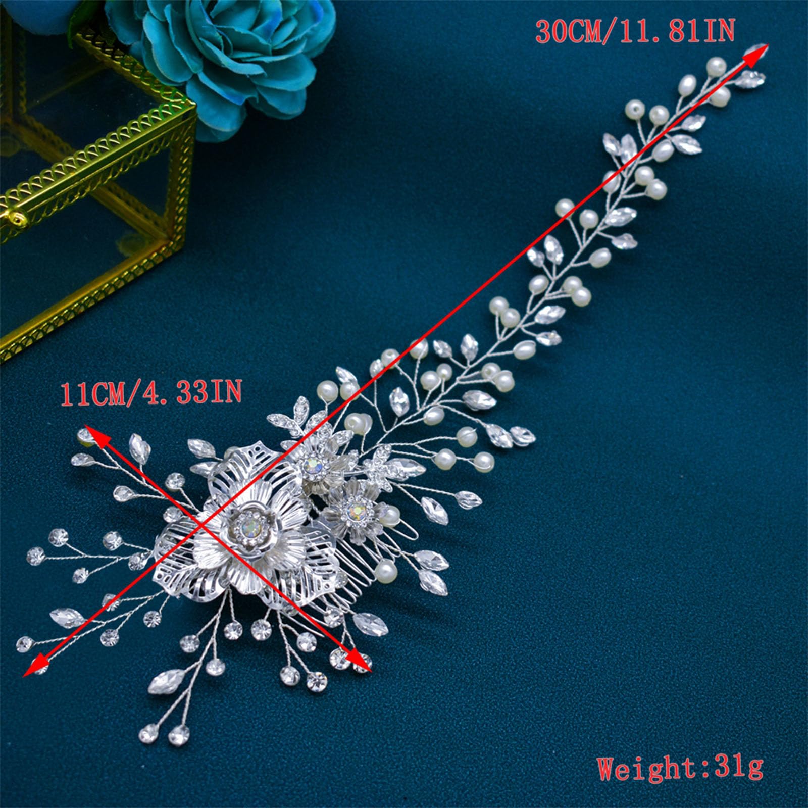 Handcrafted silver-toned wedding headpiece with premium pearls and sparkly rhinestones.
