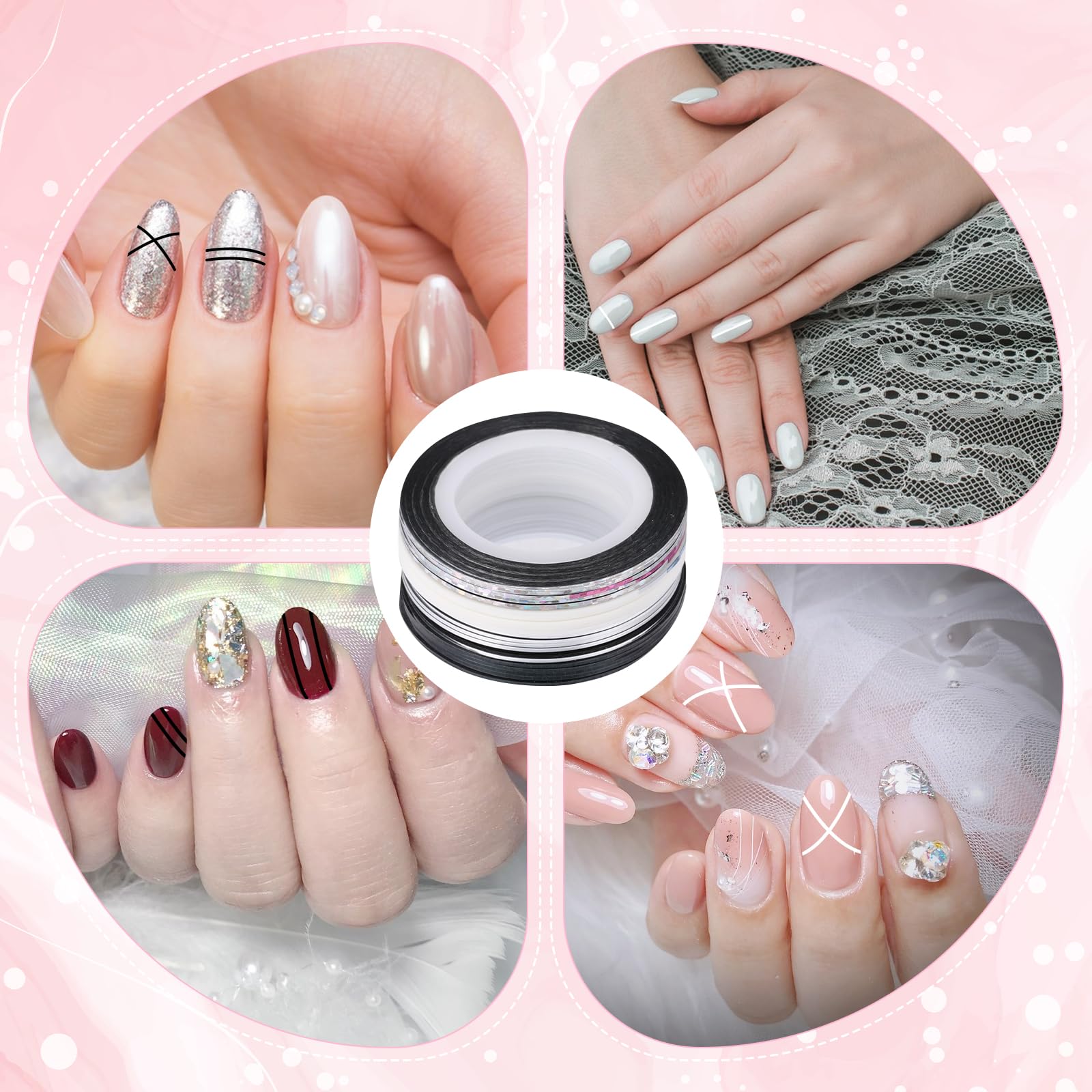 Different creative geometric nail art styles created using ultra thin striping ribbon