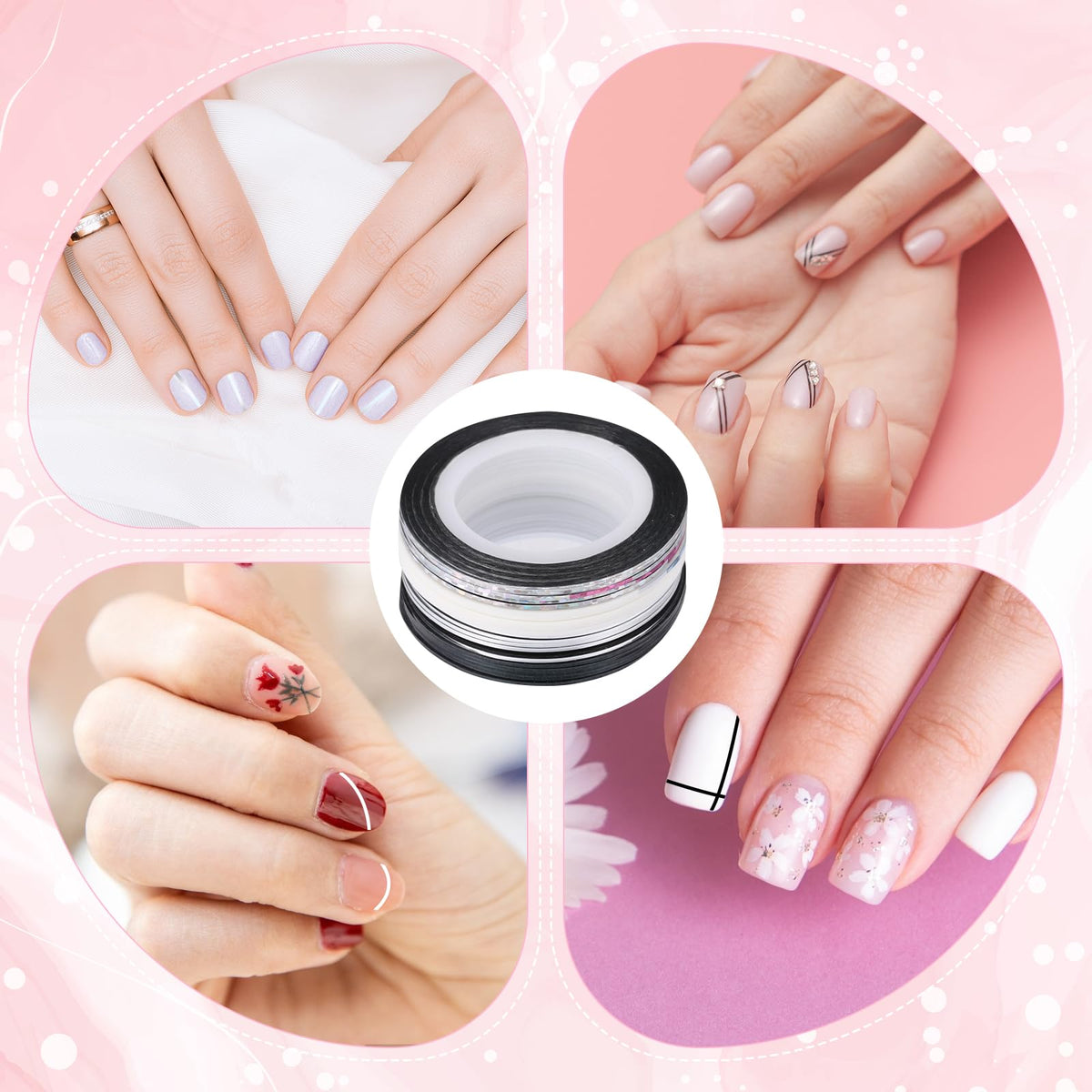 Finished DIY manicure showcasing metallic striping line details
