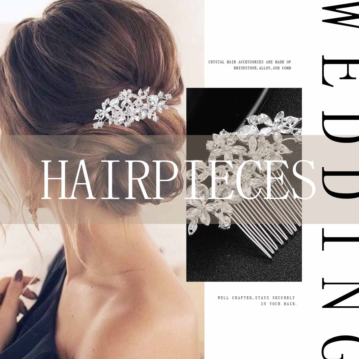 Olbye rhinestone wedding side comb dimensions and metal base close up