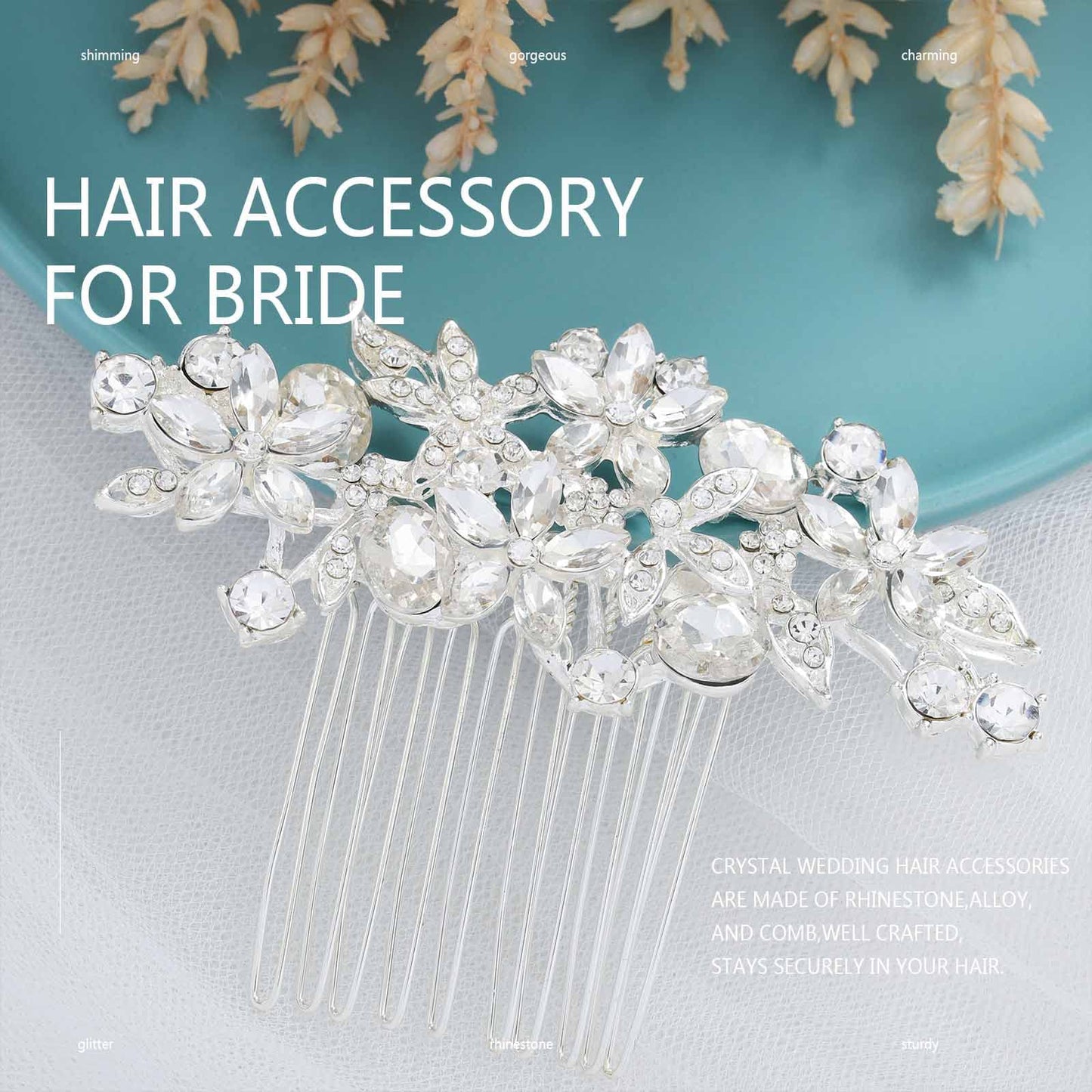 Olbye crystal bridal hair comb packaging and premium sparkling rhinestones