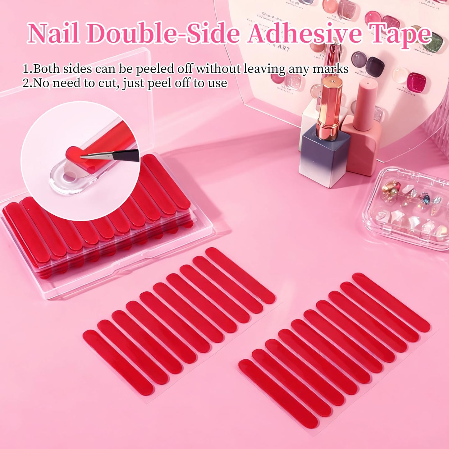 Press on nails securely attached to a salon sample card using clear double sided adhesive