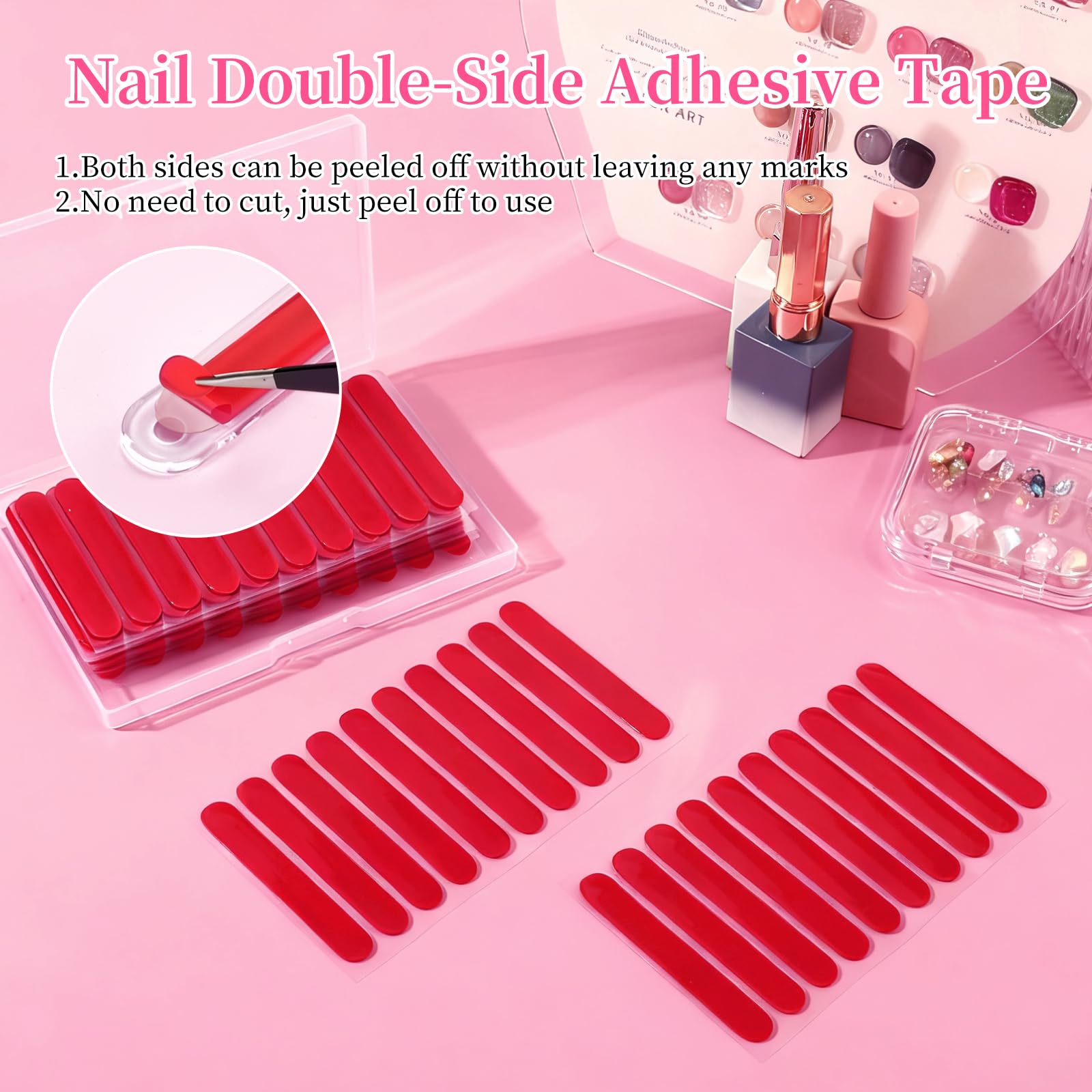 Press on nails securely attached to a salon sample card using clear double sided adhesive