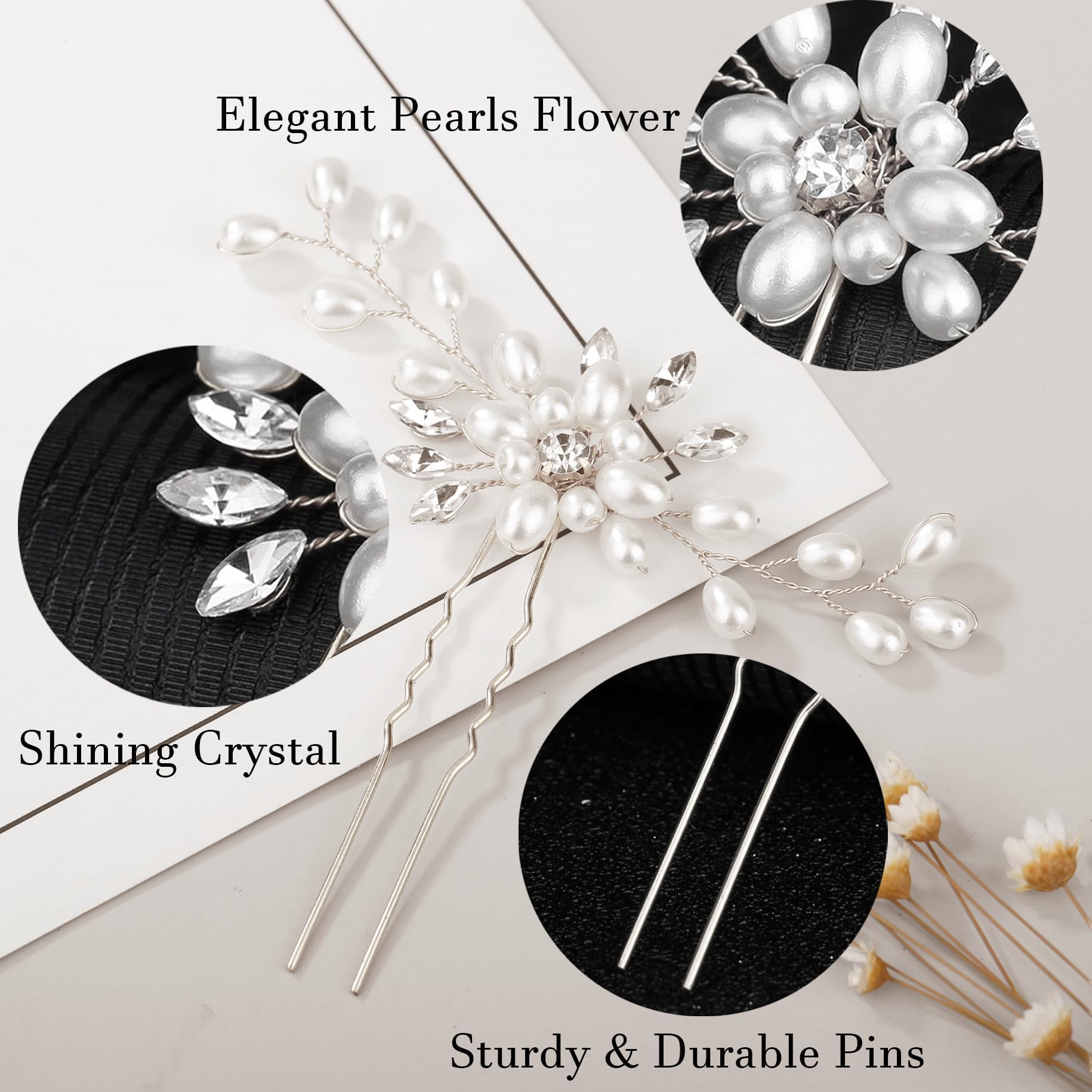 Detailed close up of the intricate pearl and rhinestone floral design on bridal hair comb