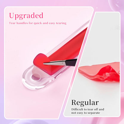 Professional nail artist peeling a transparent mounting tape strip for a display stand presentation