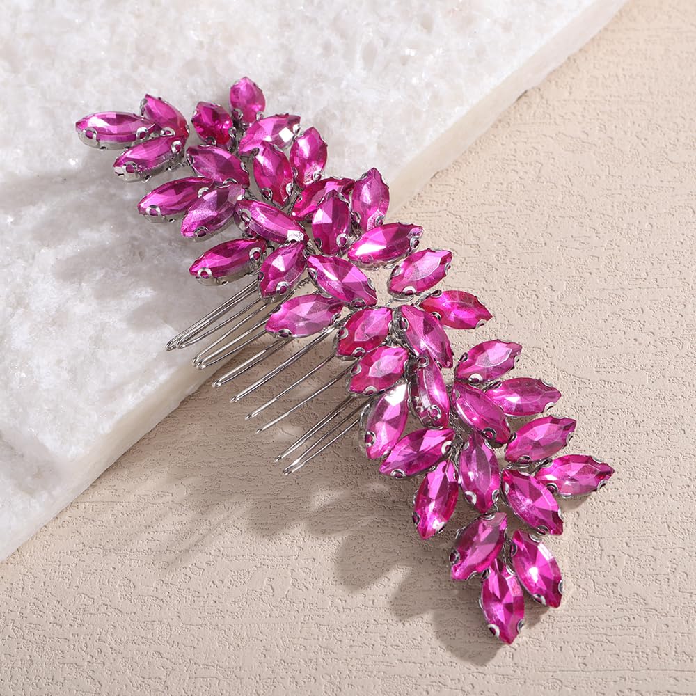 Close up of marquise cut hot pink rhinestones on the Teyglen wedding headwear