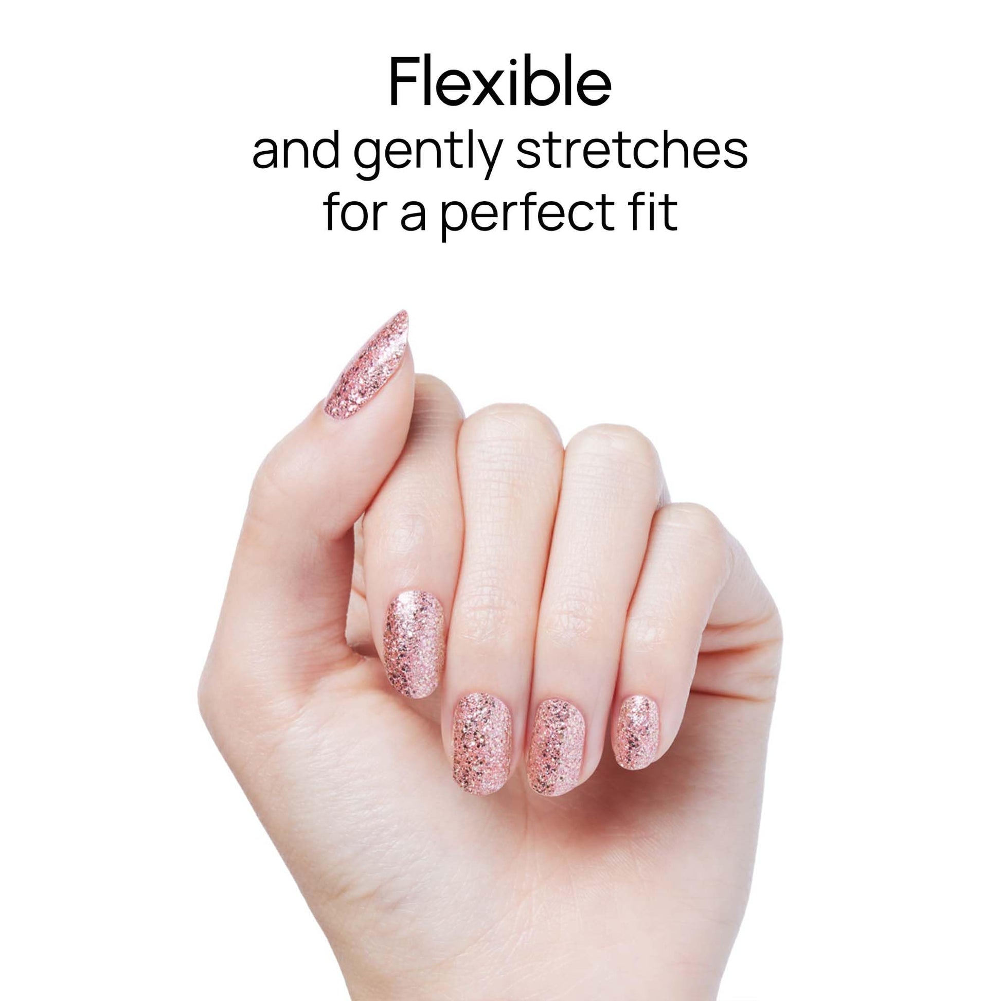 Model wearing Color Street Social Butterfly rose gold glitter manicure