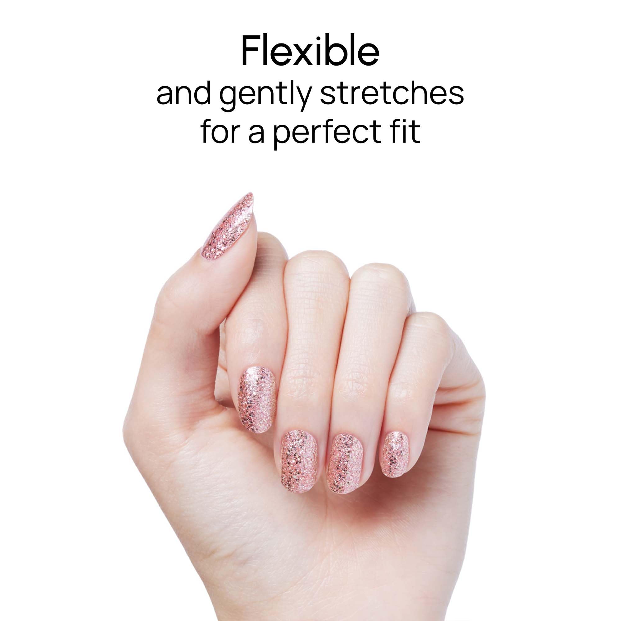 Model wearing Color Street Social Butterfly rose gold glitter manicure