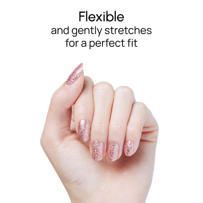 Model wearing Color Street Social Butterfly rose gold glitter manicure