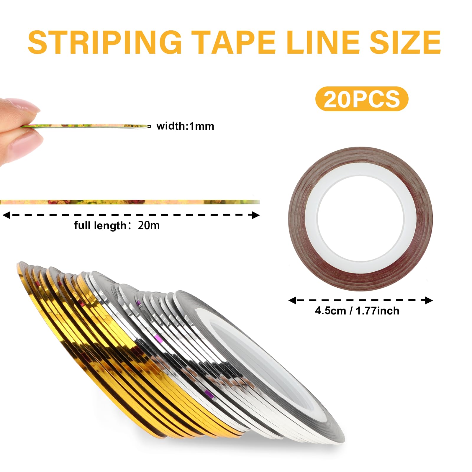 Self adhesive 1mm glitter nail sticker rolls displayed in an organized row