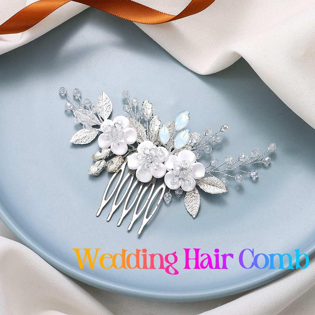 Adjustable wedding hair clip with white opal flowers and silver leaves.