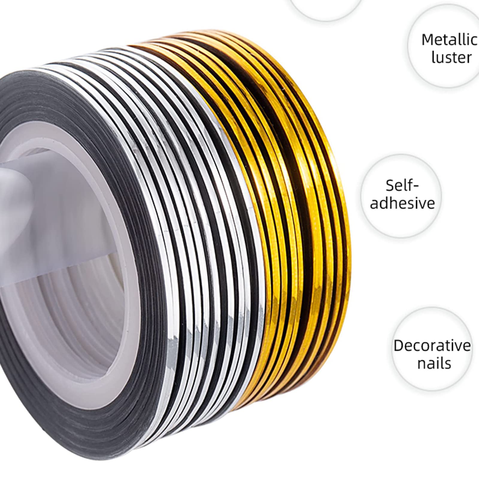 Close up of 1mm gold and silver metallic nail art adhesive lines