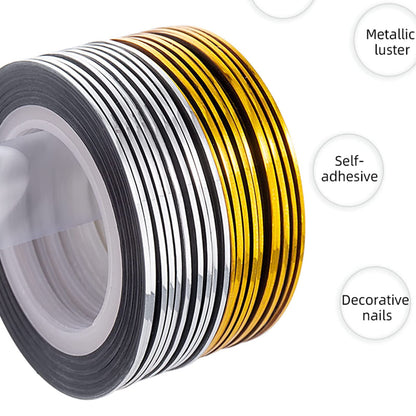 Close up of 1mm gold and silver metallic nail art adhesive lines