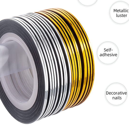 Close up of 1mm gold and silver metallic nail art adhesive lines