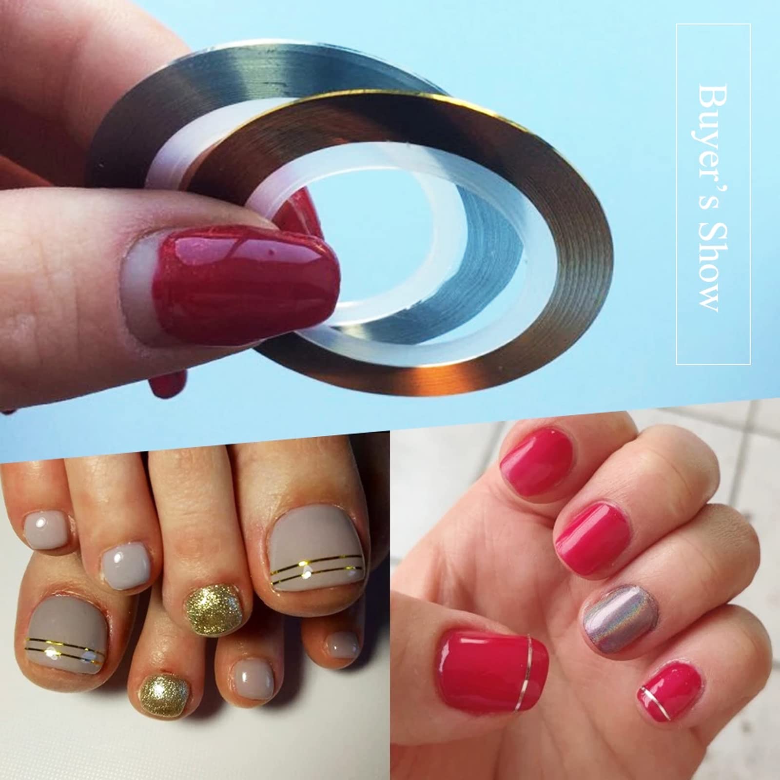Manicure tools featuring Vonrui glitter striping tape for 3D nail tips