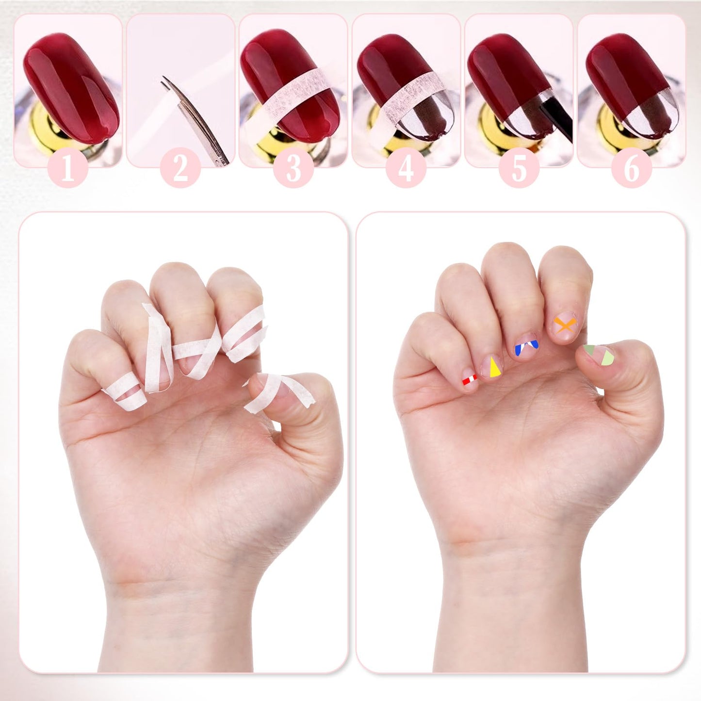 Six piece set of white striping paper tape rolls arranged to display the two distinct line widths available for custom manicures.