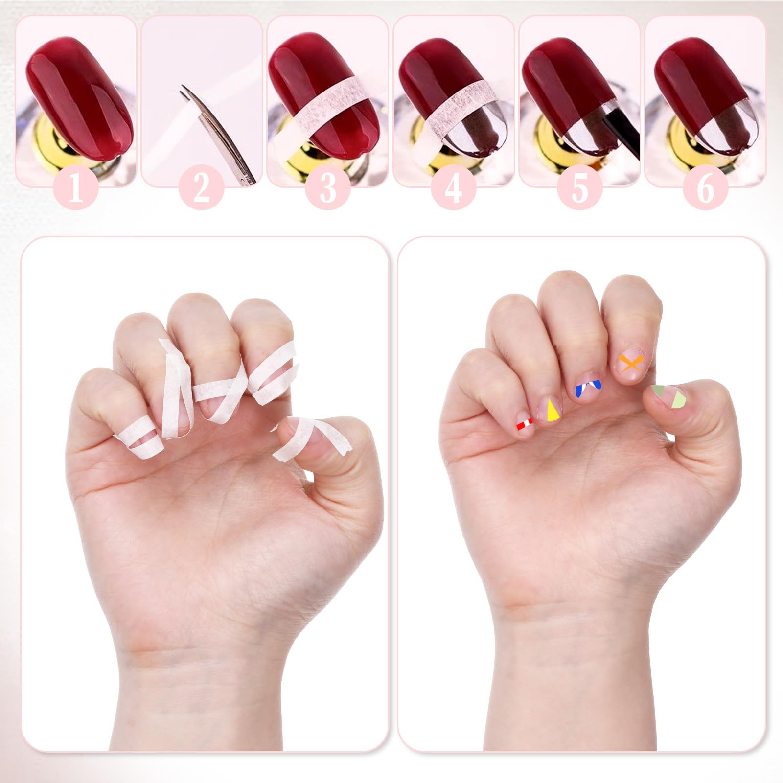 Six piece set of white striping paper tape rolls arranged to display the two distinct line widths available for custom manicures.