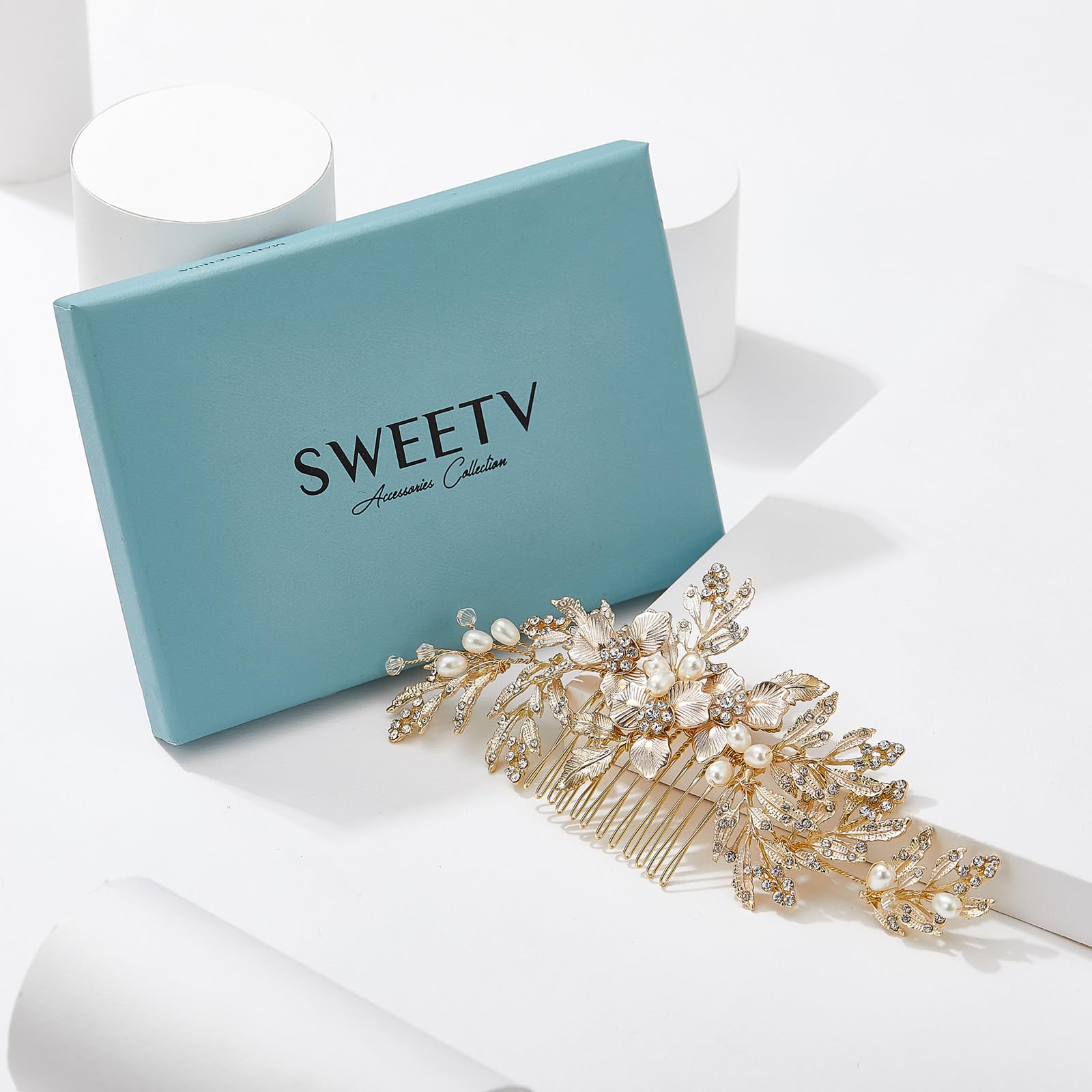 SWEETV gold hair accessories for brides illustrating the bendable soft alloy wire branch structure