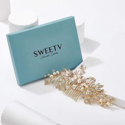 SWEETV gold hair accessories for brides illustrating the bendable soft alloy wire branch structure