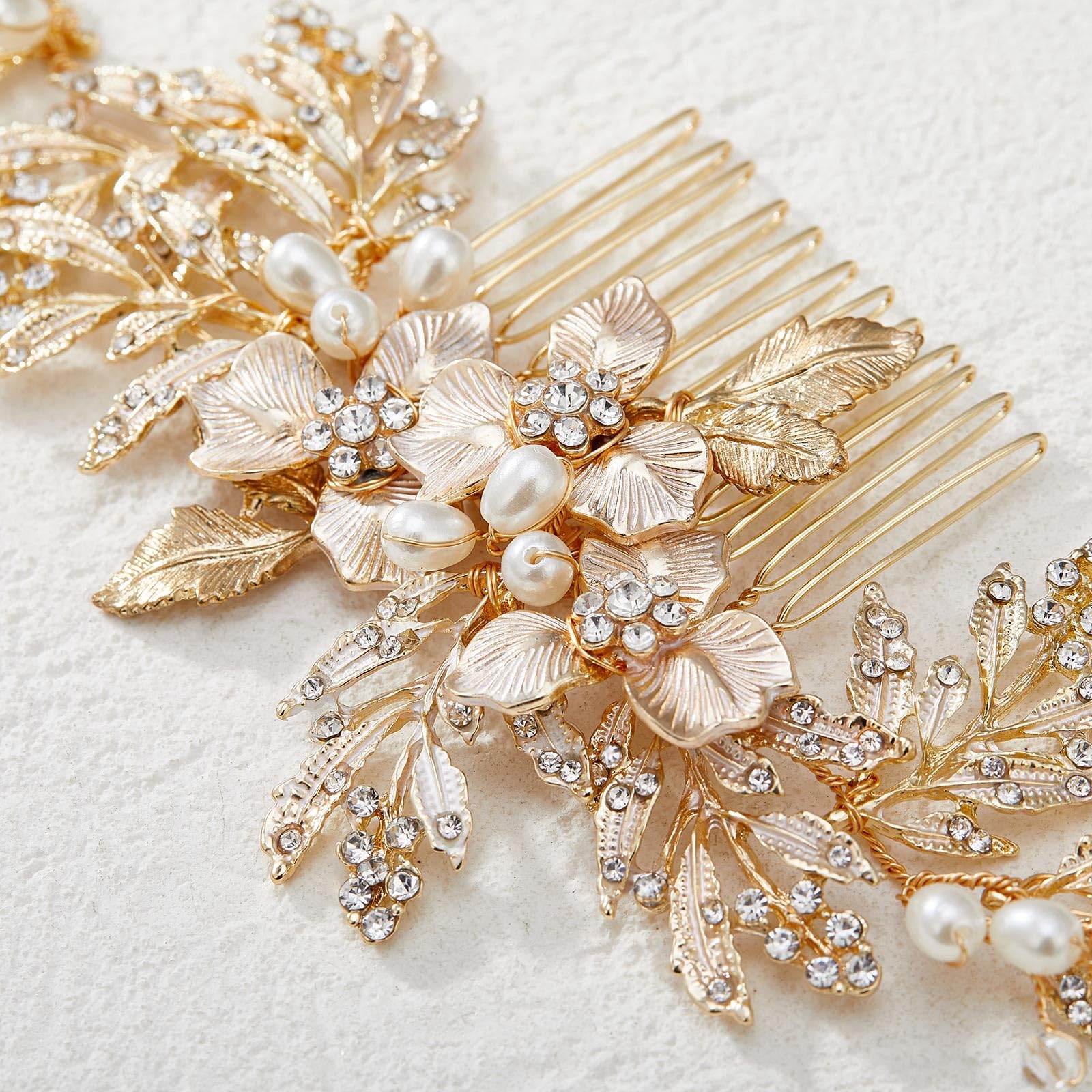 SWEETV handmade bridal headpiece detailing the mix of simulated pearls and sparkling rhinestones