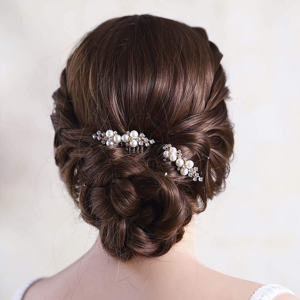 Model wearing Asooll pearl and rhinestone hair comb in an updo