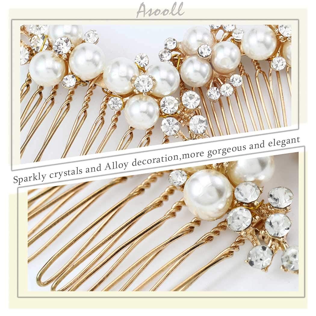 Top view of two gold bridal hair combs side by side