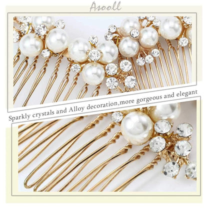 Top view of two gold bridal hair combs side by side