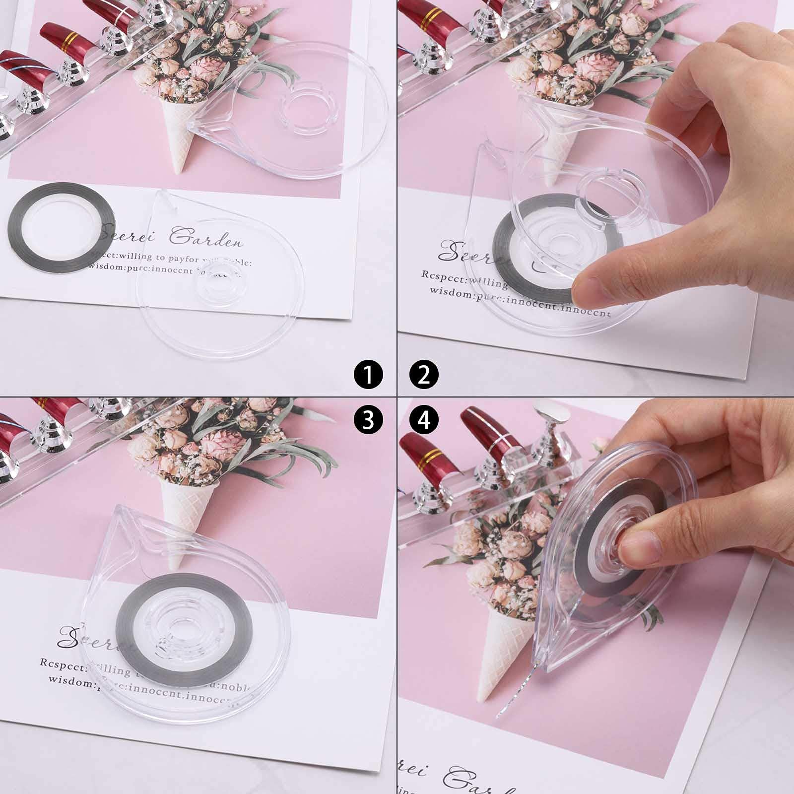 Four clear acrylic nail tape dispenser cases for easy organization