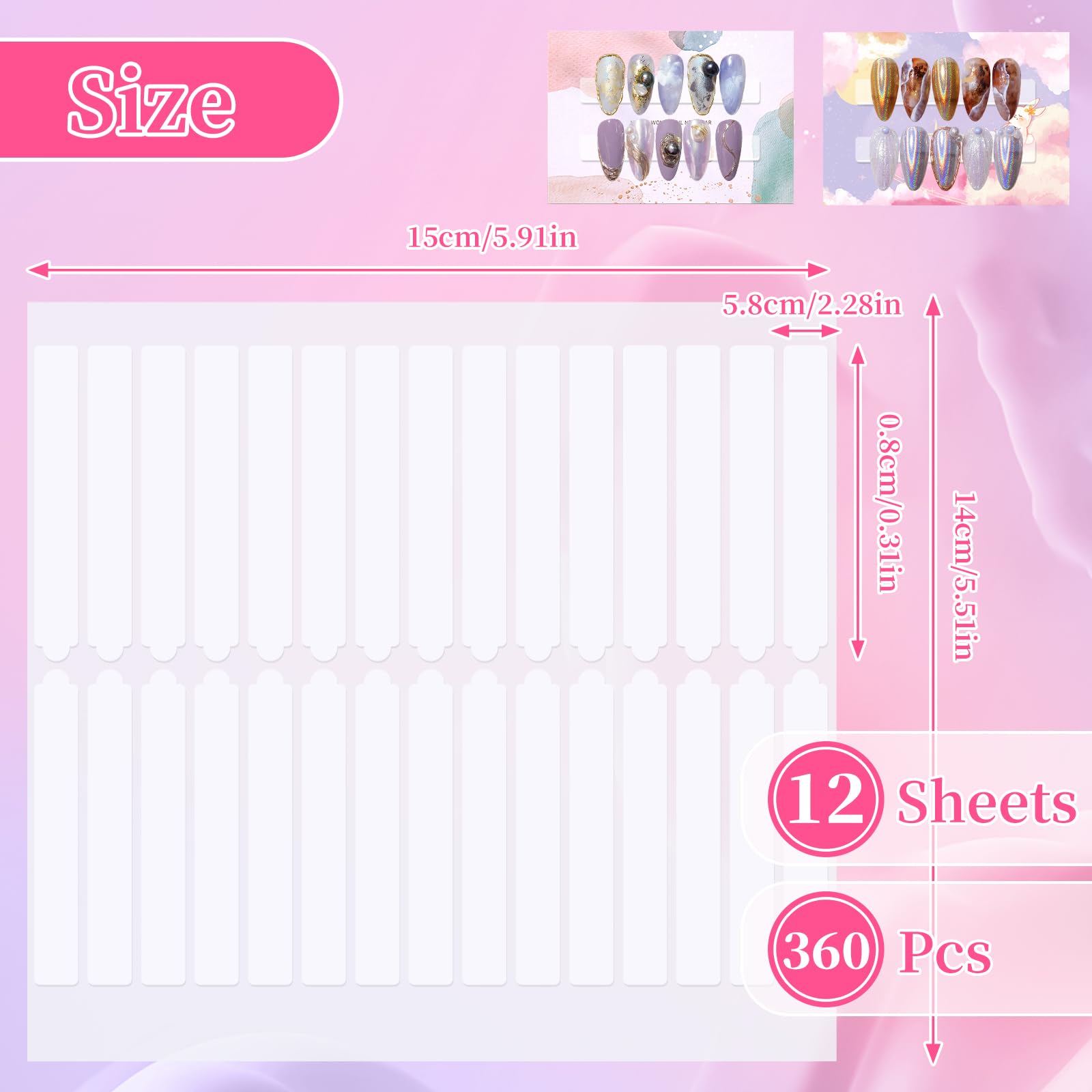 Close up of clear mounting tape sheets being used to organize fake nails inside transparent storage boxes.